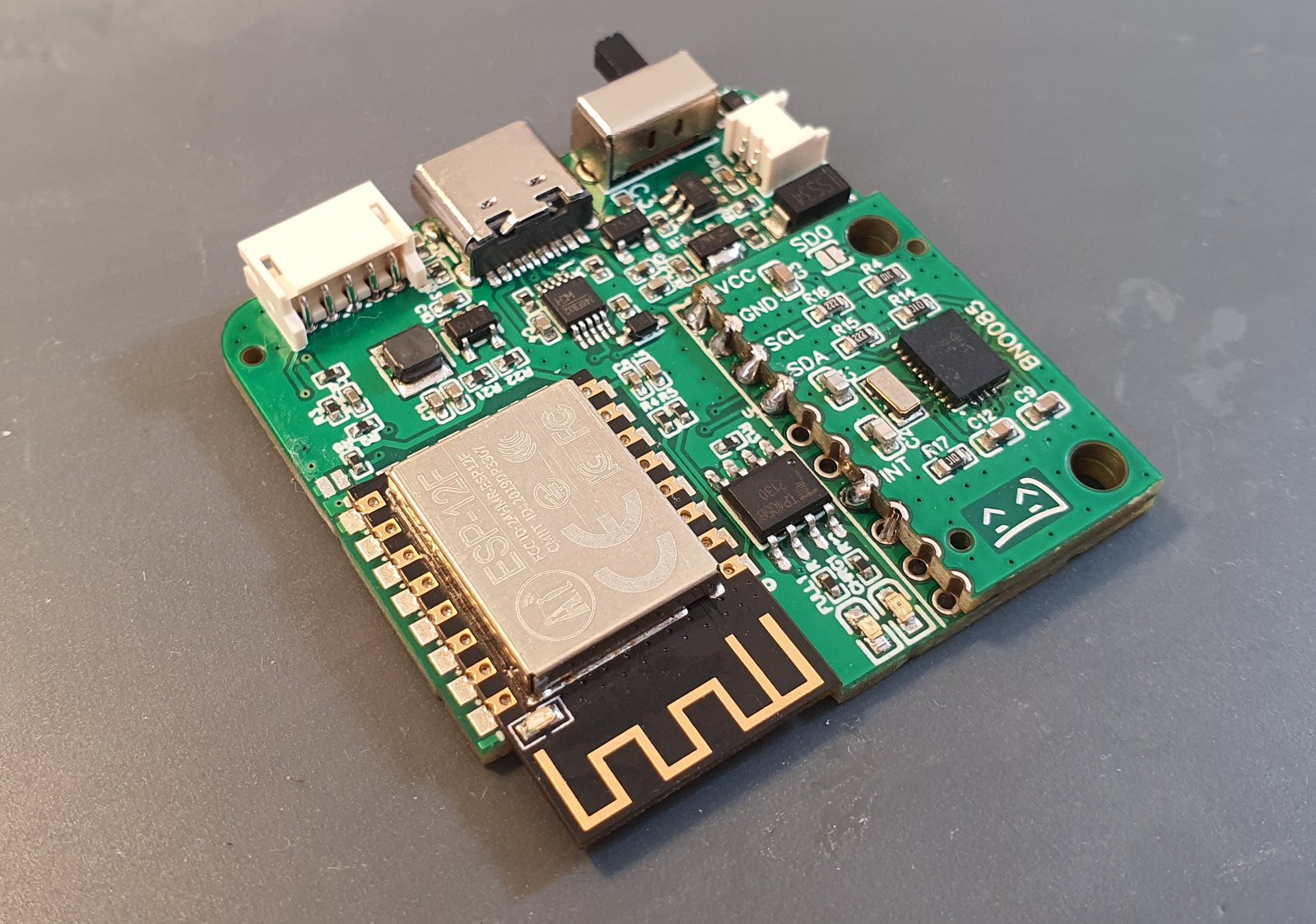 An assembled prototype of SlimeVR board, Revision 9.