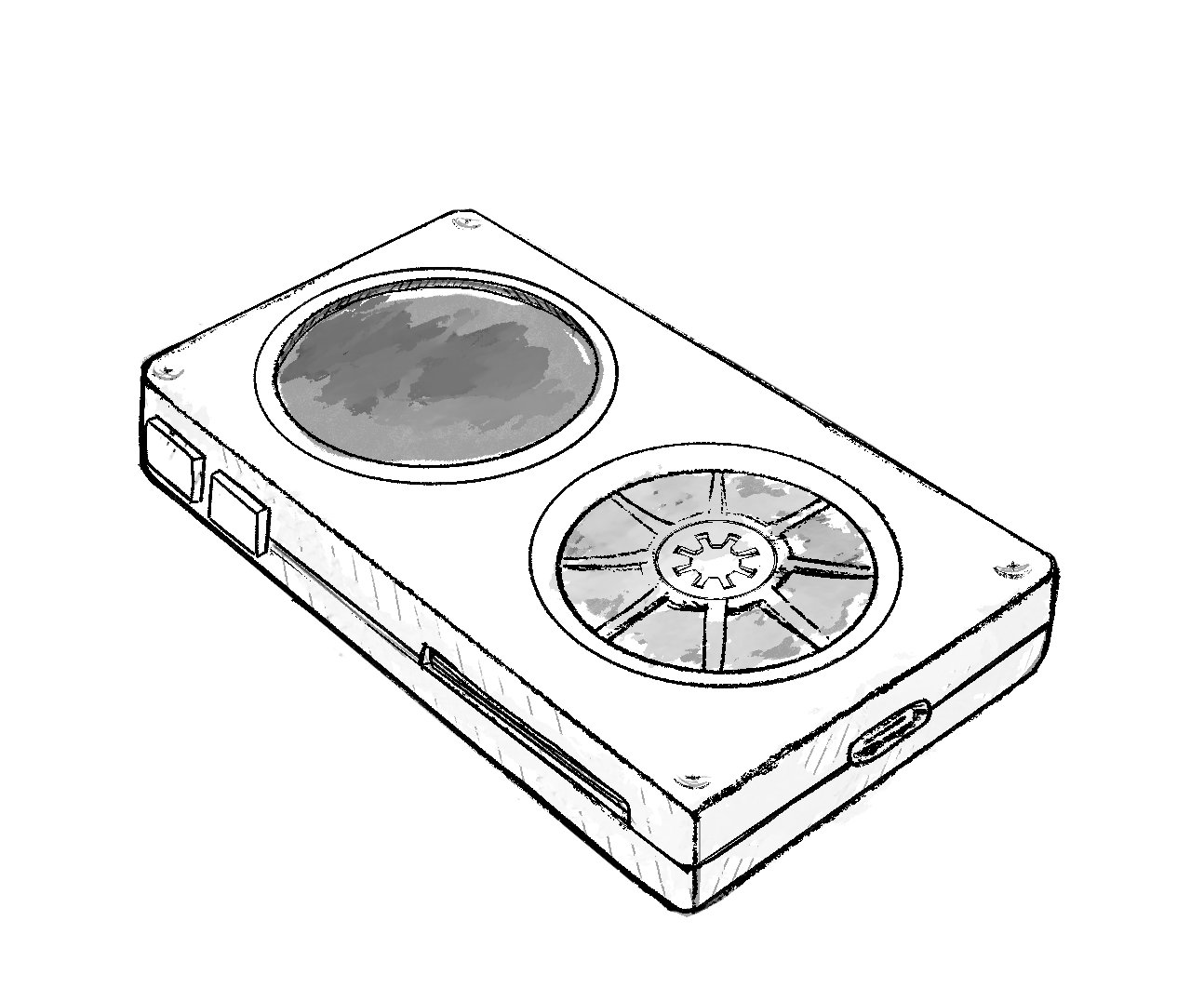A concept sketch of a cassette tape-like music player, with a circular screen and 3D printed reel