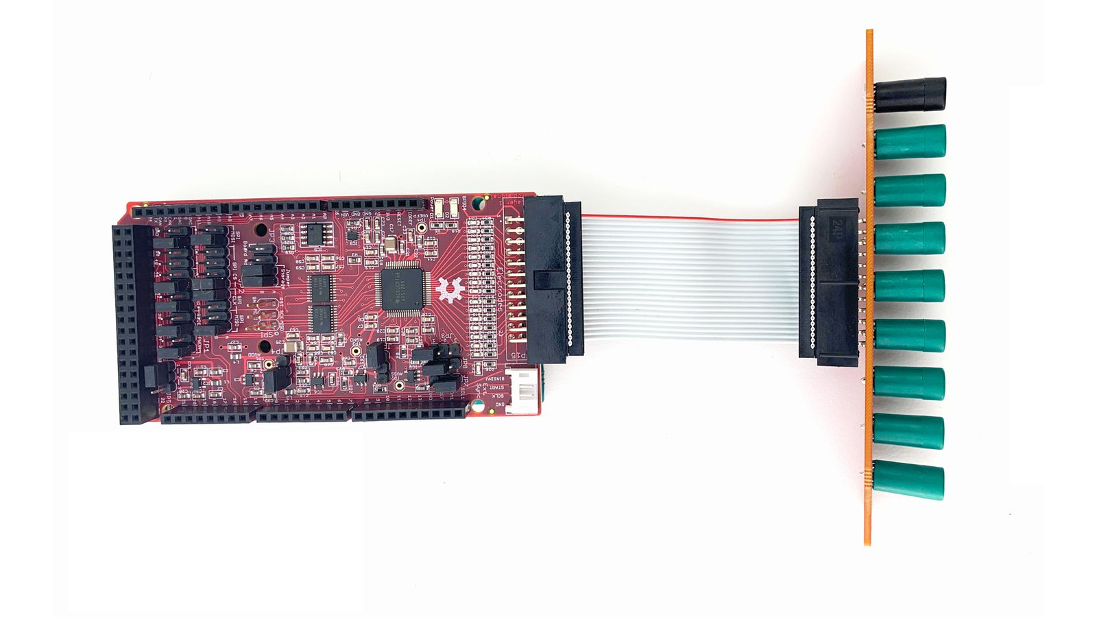 HackEEG shield with a DIN 42-802 medical electrode connector (eight inputs, one ground)