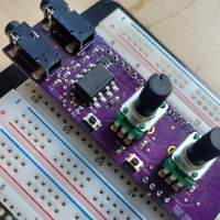 A freshly soldered MIDI adaptor expansion board, ready for testing. The PCB is from OSH Park.