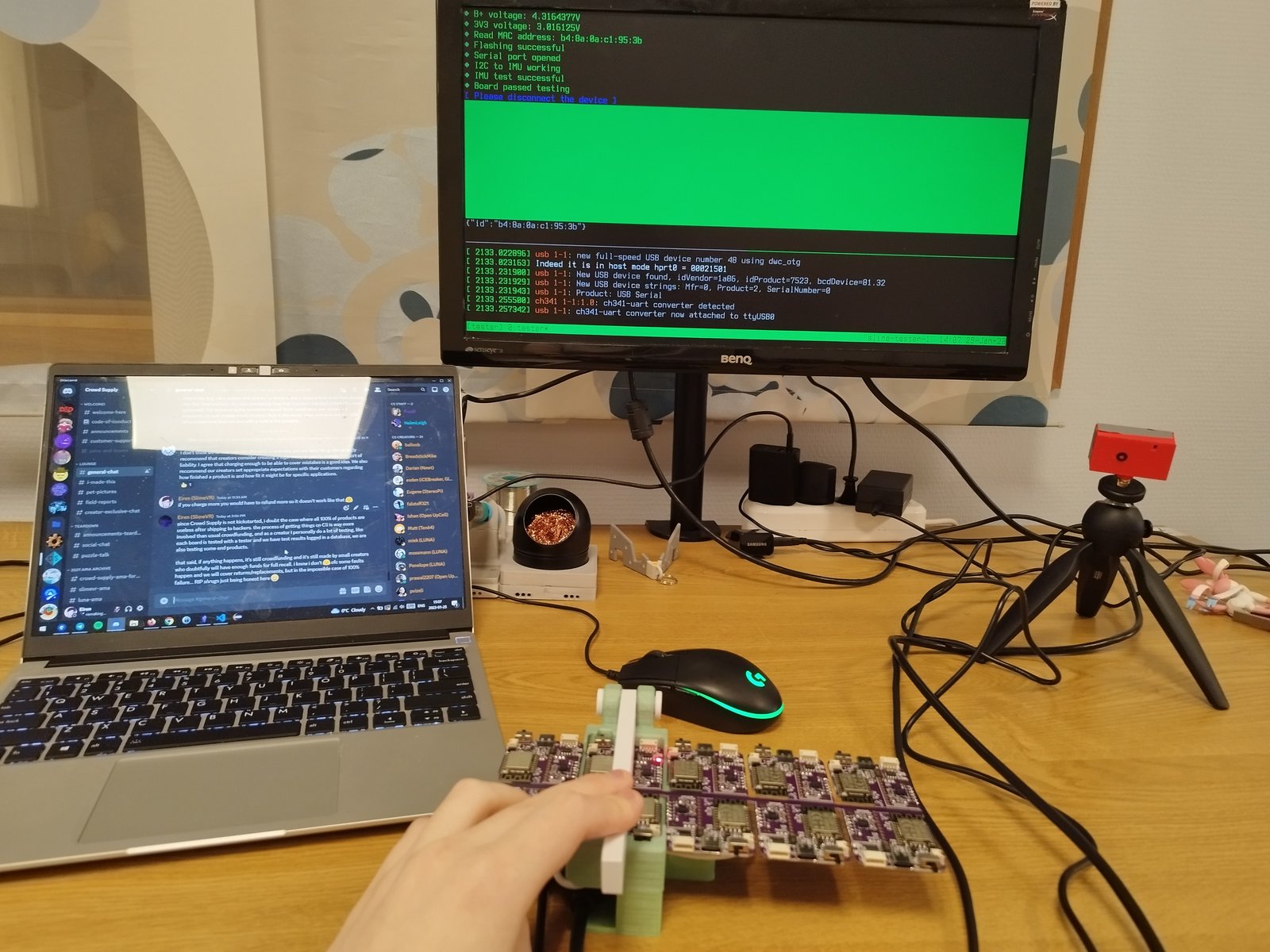 Testing assembled Main boards. Every Slime is tested and test results are recorded in our database!