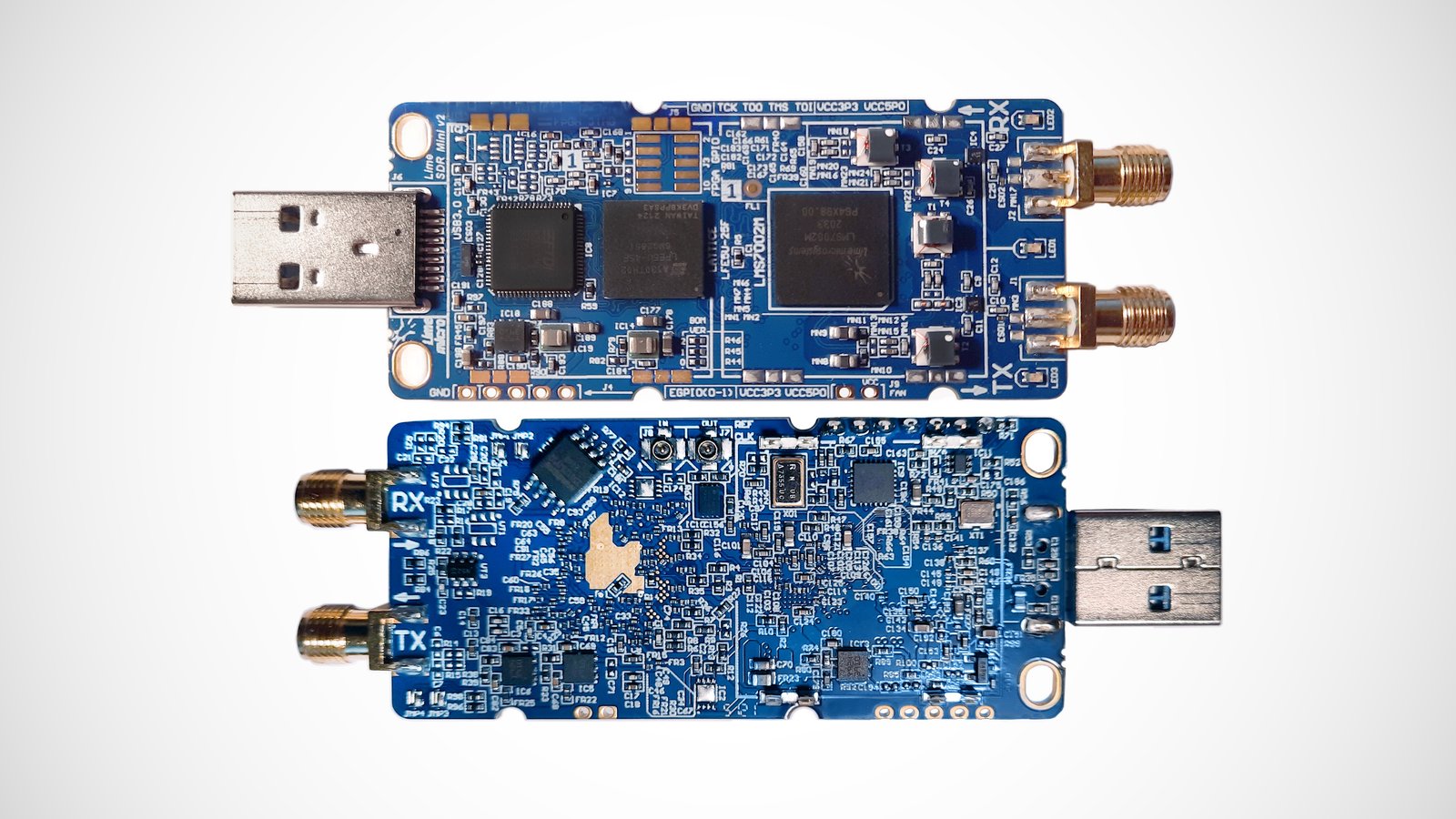 LimeSDR Mini 2.0 top and bottom side-by-side
