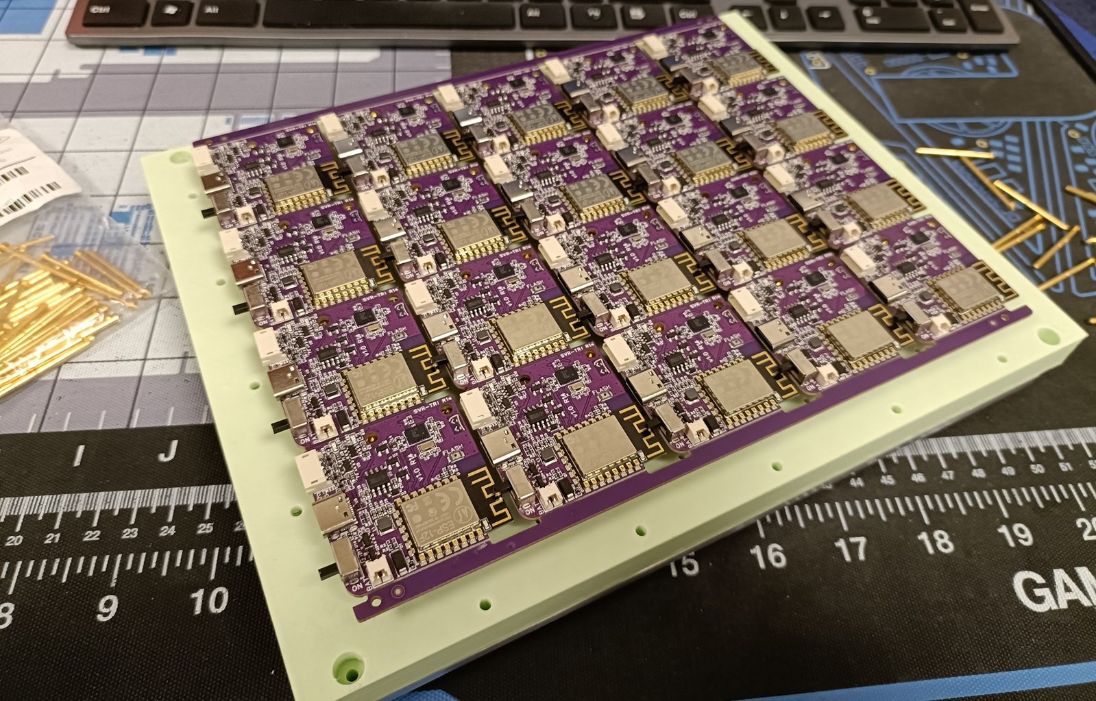 A panel of R14 Main Tracker PCBs