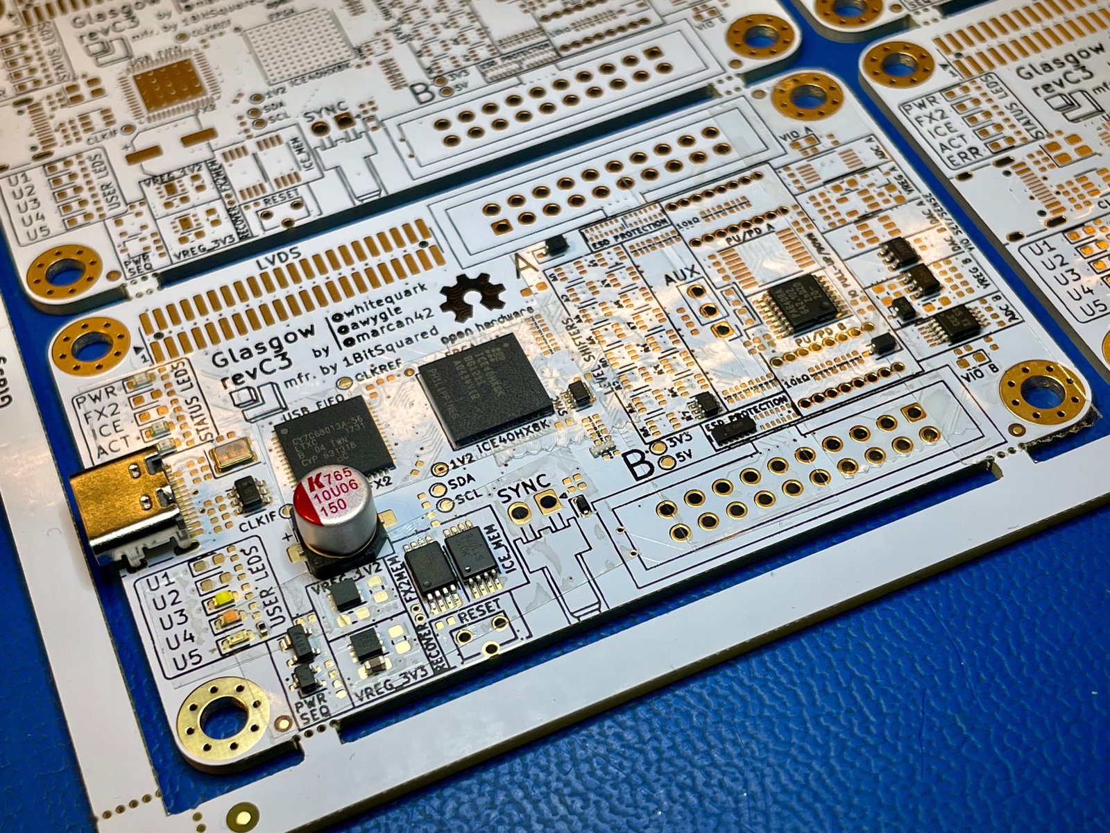 Part test placement, to make sure that the orientation of the parts is correct. This is done on a PCB with thin doublesided tape.