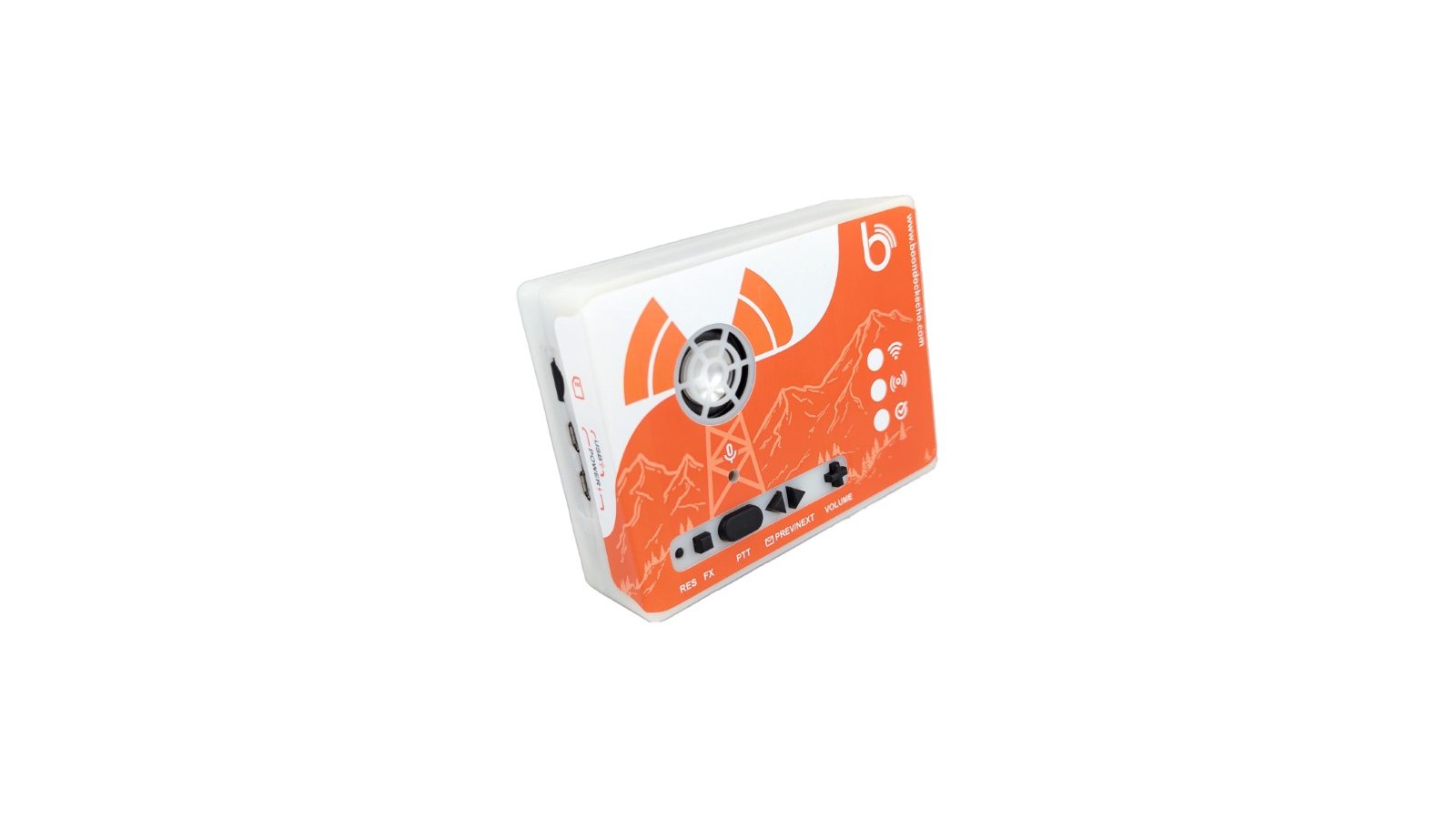 The production Boondock Echo device has a professionally designed vinyl overlay that shows user interface functions on top of a mountainous terrain.