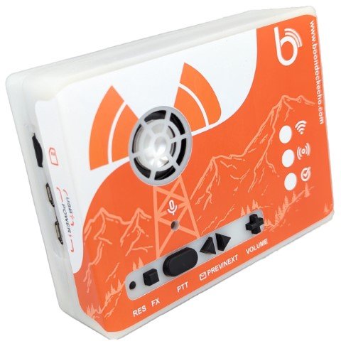 The production Boondock Echo device has a professionally designed vinyl overlay that shows user interface functions on top of a mountainous terrain.